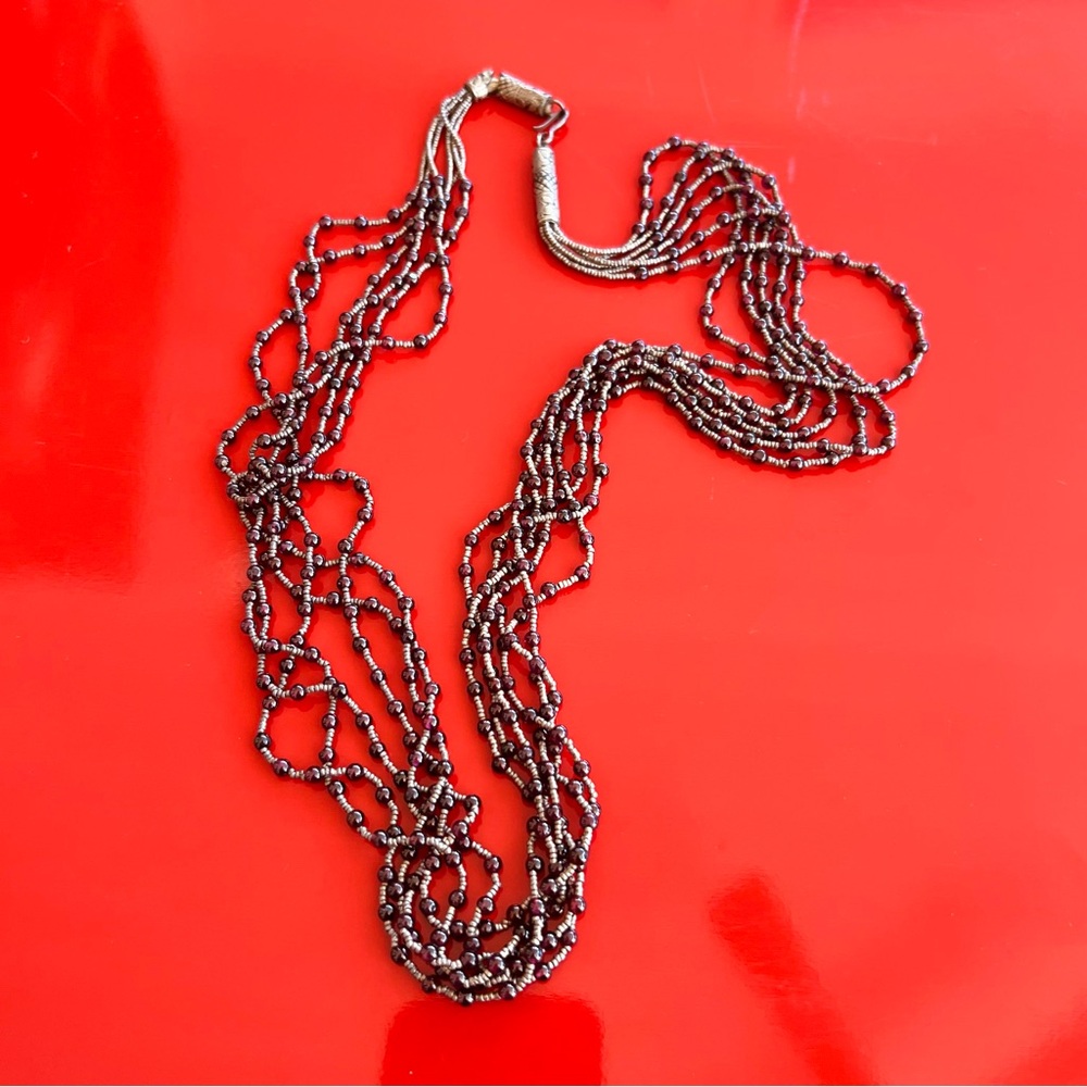 Artisan Multi-Strand Beaded Necklace with hammered clasp.